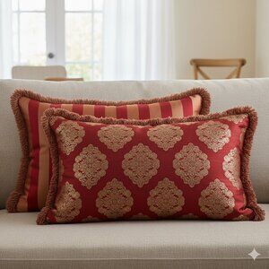 Waterford Charlemont Ruby‎ Red Gold Pillowcase Lot 2 Zip Fringe Trim Luxury Sham